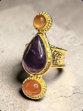 18k Gold Plated Artisan Genuine Amethyst Citrine Carnelian Hammered Ring